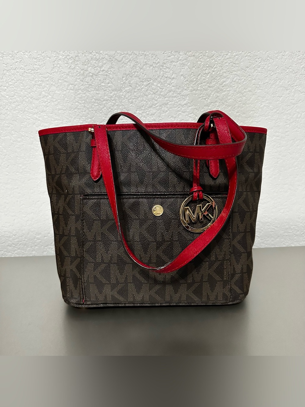 Michael Kors Jet Set Travel MK Signature Brown Red Tote Bag